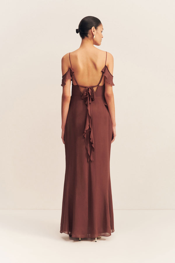 BLAIR RUFFLE COWL MAXI DRESS - COCOA_B