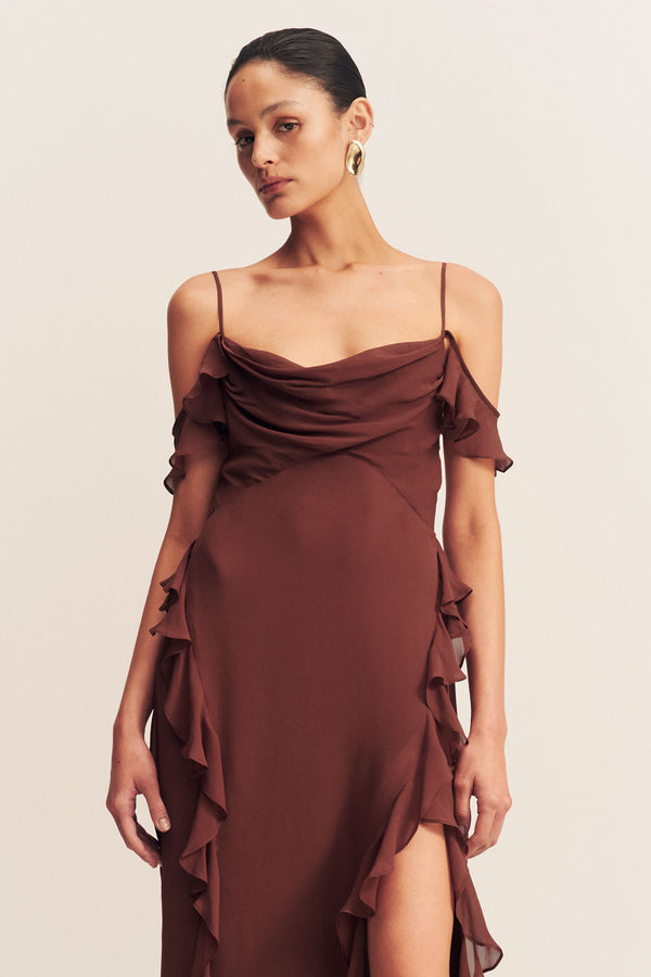 BLAIR RUFFLE COWL MAXI DRESS - COCOA