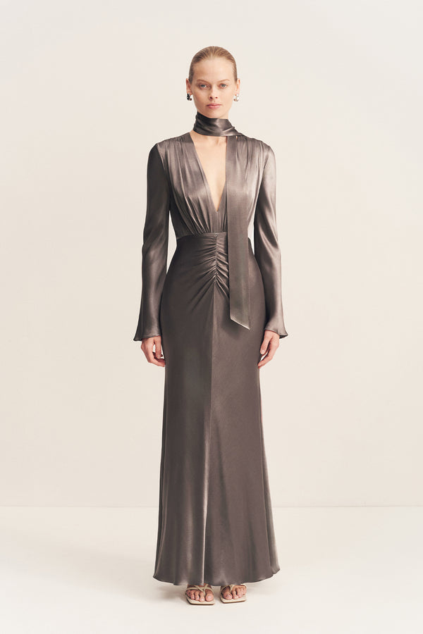 LA LUNE PLUNGED LONG SLEEVE MAXI DRESS - GRAPHITE_F