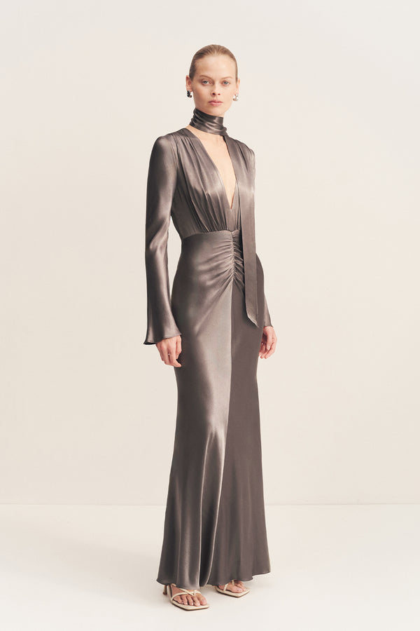 LA LUNE PLUNGED LONG SLEEVE MAXI DRESS - GRAPHITE
