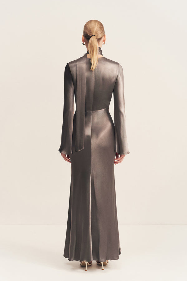 LA LUNE PLUNGED LONG SLEEVE MAXI DRESS - GRAPHITE