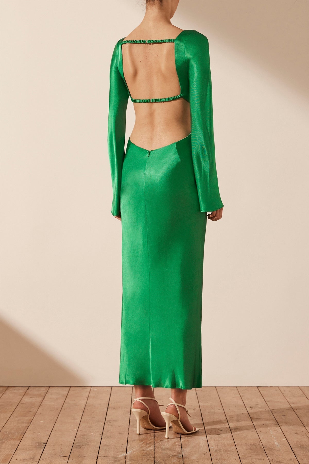 Green silk long hotsell dress