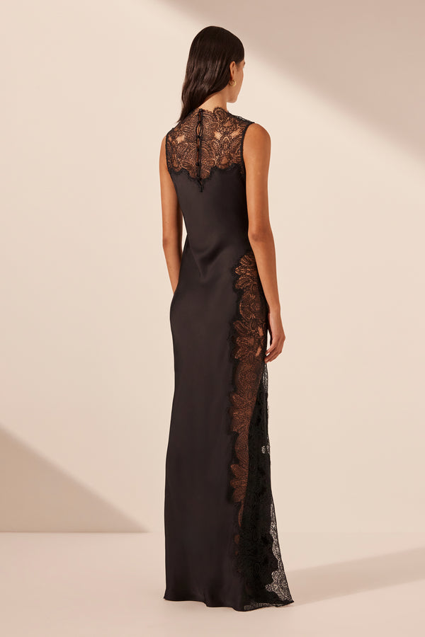 JAMILA LACE HIGH NECK MAXI DRESS - BLACK