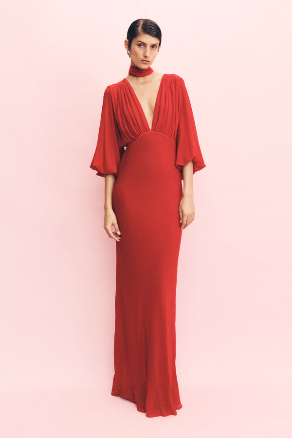 AMINA PLUNGE BALLOON SLEEVE MAXI DRESS - CHILLI_C
