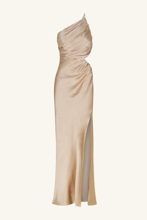 LA LUNE ASYMMETRICAL GATHERED MAXI DRESS - GOLD_G