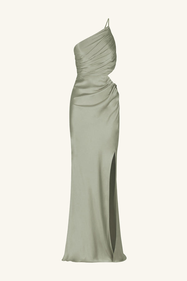 LA LUNE ASYMMETRICAL GATHERED MAXI DRESS - SAGE_G