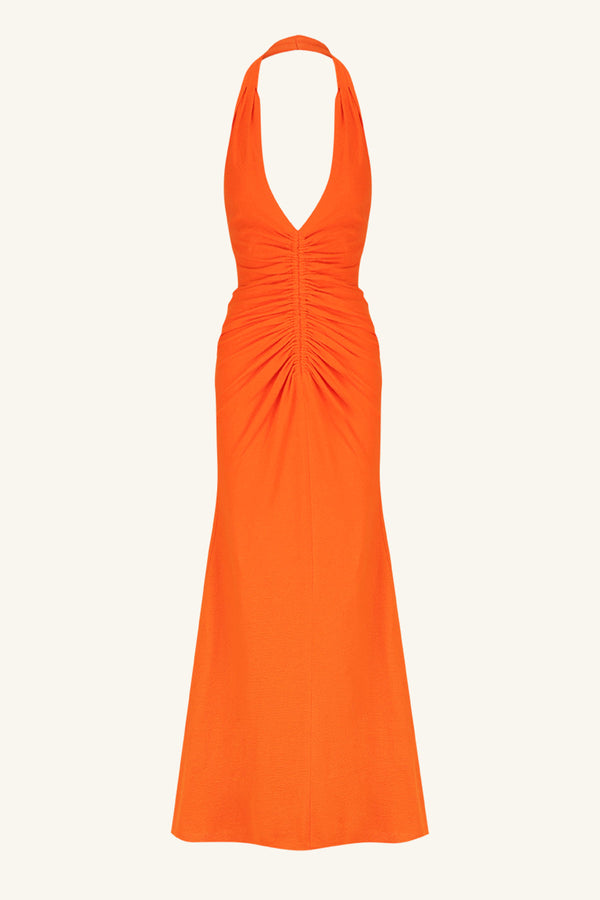BEAU HALTER RUCHED MIDI DRESS - HIBISCUS_G