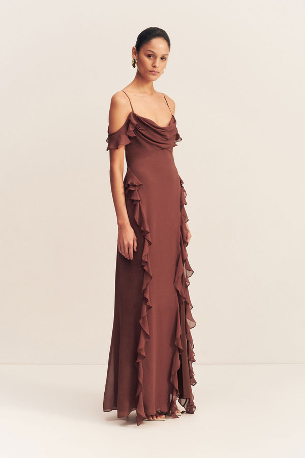 BLAIR RUFFLE COWL MAXI DRESS - COCOA_A
