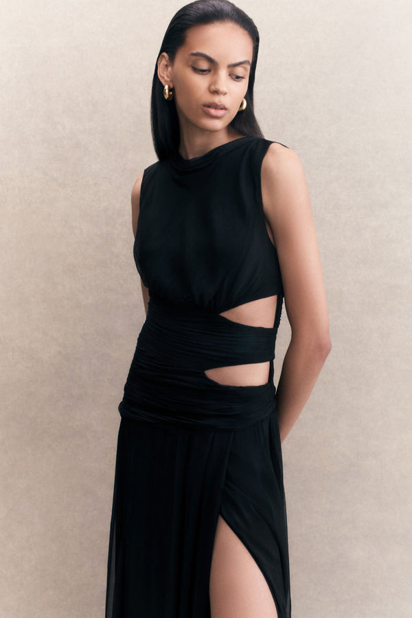 CLAUDE CUT OUT SIDE SPLIT MAXI DRESS - BLACK_C