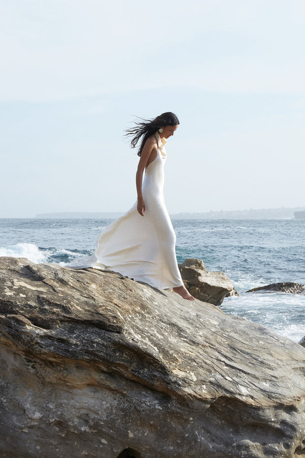 strapless open back dress La Lune Cumulus Silk Backless Lace Split Maxi Dress | Ivory | Dresses