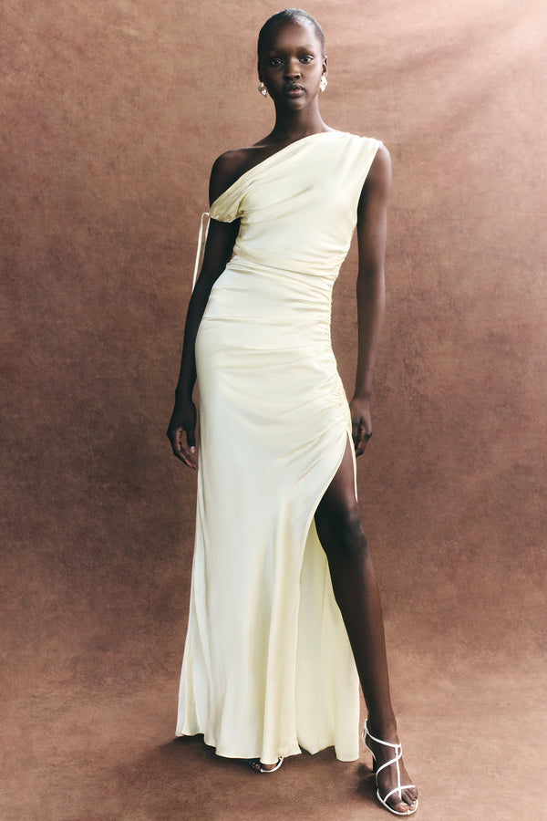 la lune asymmetrical gathered maxi dress lemon Shona Joy - La Lune Asymmetrical Gathered Maxi Dress - Lemon