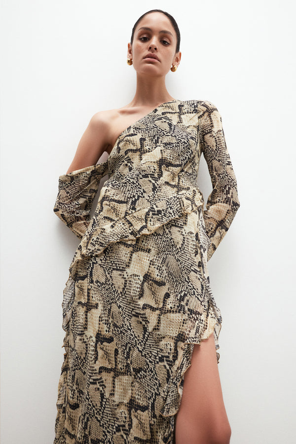 HADIYA ASYMMETRICAL LONG SLEEVE RUFFLE MAXI DRESS_C