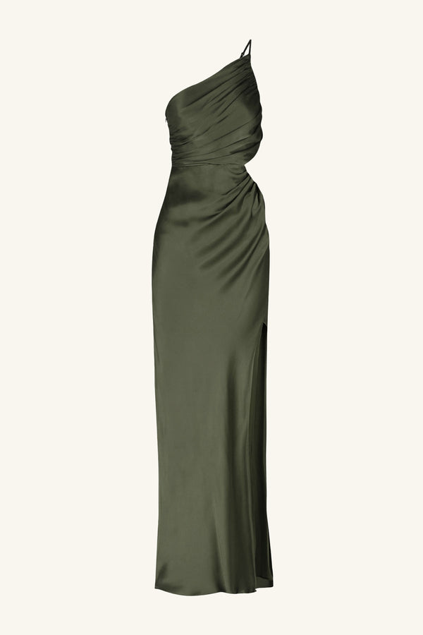 LA LUNE ASYMMETRICAL GATHERED MAXI DRESS - FOREST_G