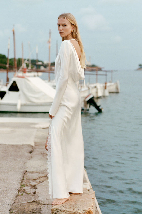 LA LUNE CUMULUS SILK BACKLESS LACE SPLIT MAXI DRESS - IVORY_C1