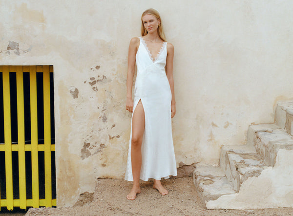 LA LUNE CUMULUS SILK LACE STRAP SPLIT MAXI DRESS - IVORY_C