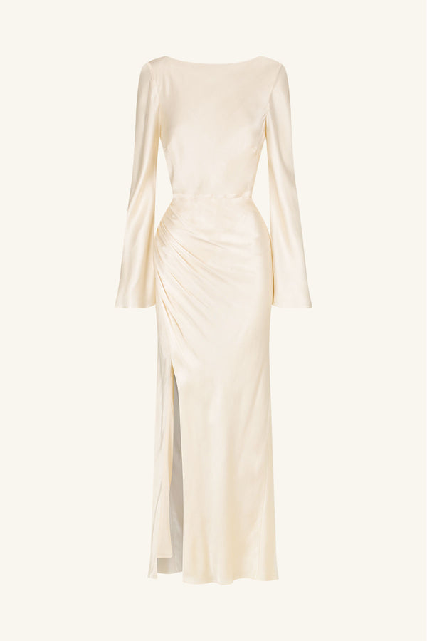 LA LUNE FLARED SLEEVE SIDE SPLIT MIDI DRESS - CREAM_G