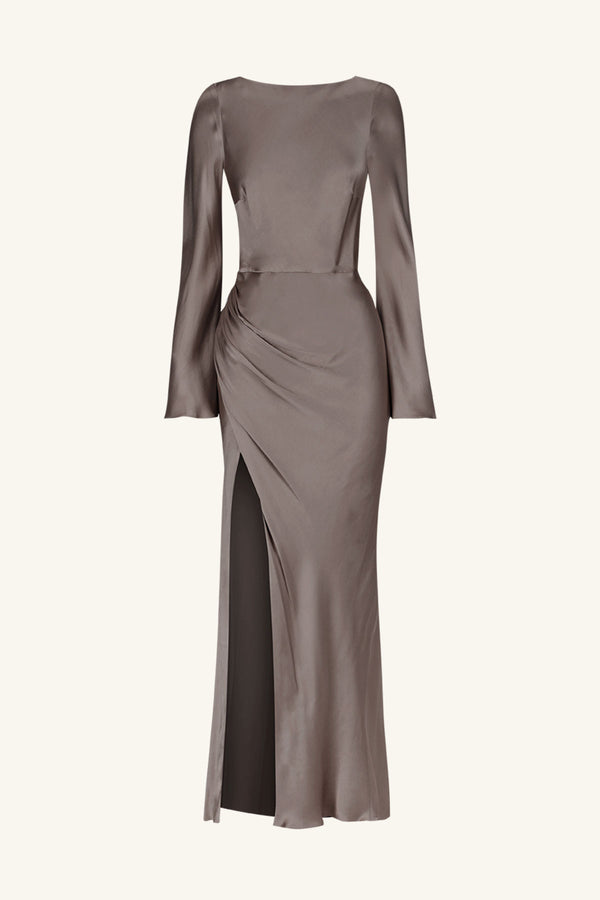 LA LUNE FLARED SLEEVE SIDE SPLIT MIDI DRESS - GRAPHITE_G