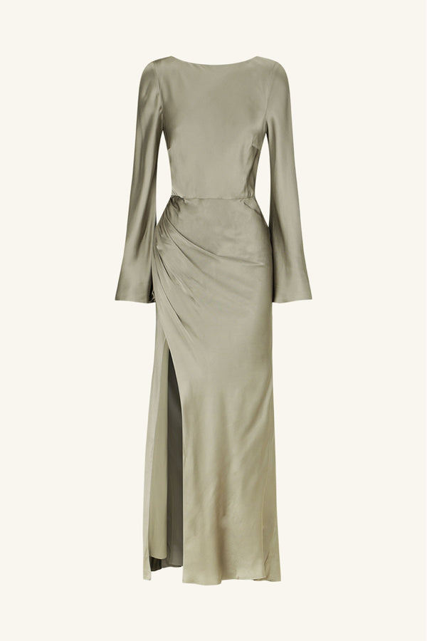 LA LUNE FLARED SLEEVE SIDE SPLIT MIDI DRESS - SAGE_G