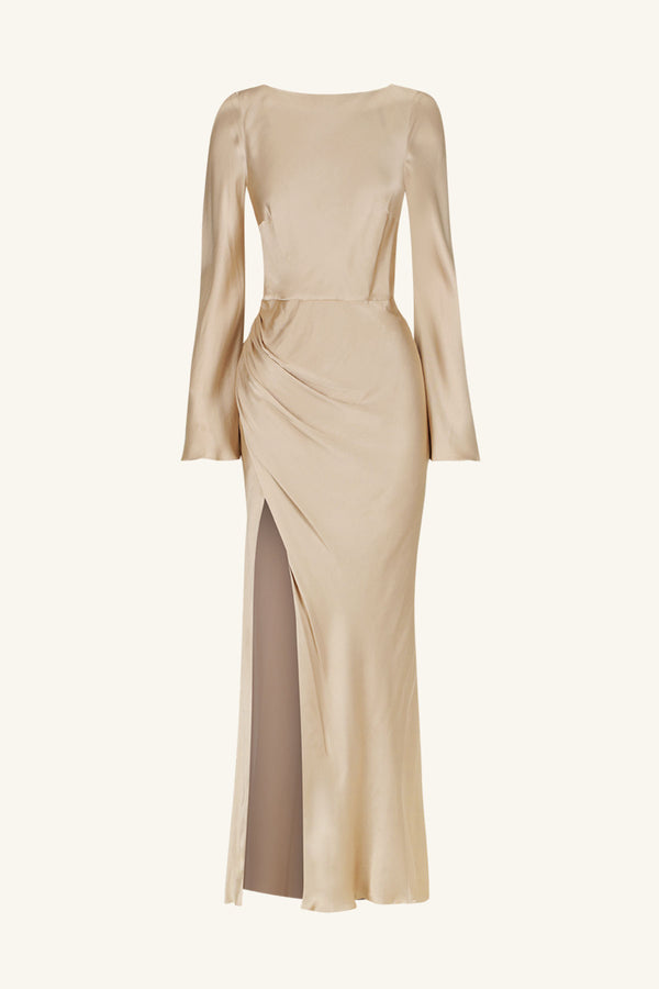 LA LUNE FLARED SLEEVE SIDE SPLIT MIDI DRESS - GOLD_G