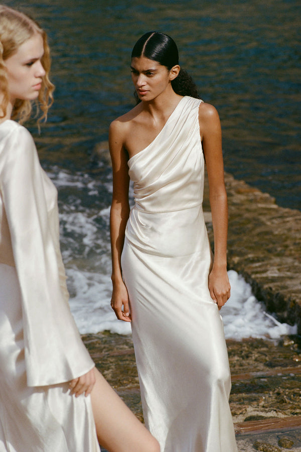 la lune asymmetrical gathered maxi dress - cream Shona Joy La Lune Lace Back Maxi Dress in Cream