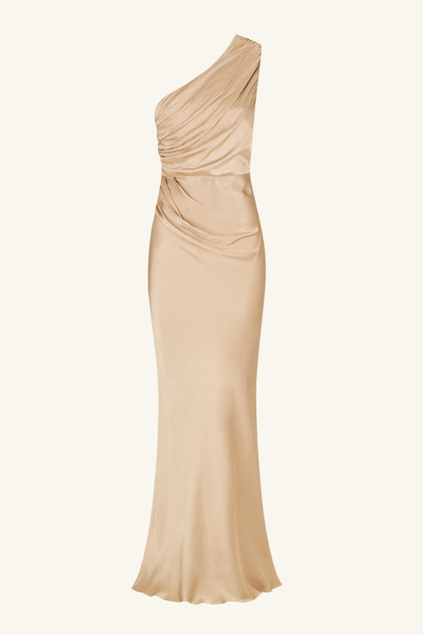 LA LUNE GATHERED ONE SHOULDER MAXI DRESS - GOLD_G