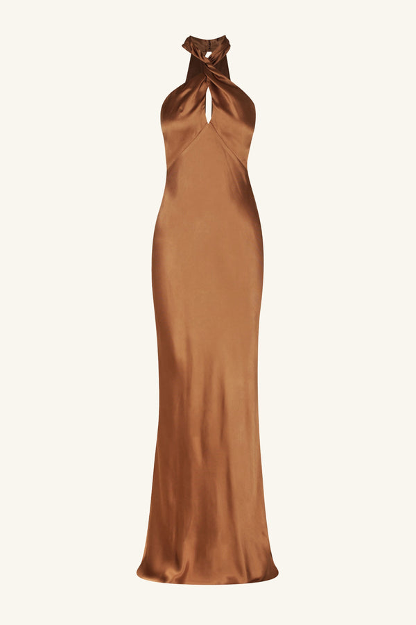LA LUNE HIGH NECK TWIST MAXI DRESS - ALMOND_G