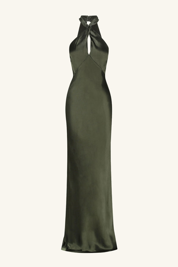 LA LUNE HIGH NECK TWIST MAXI DRESS - FOREST_G