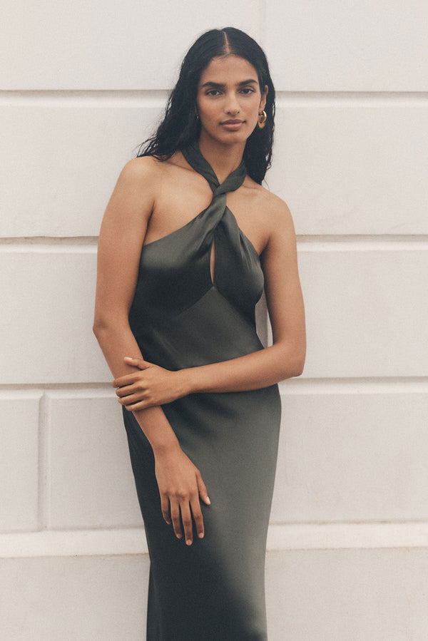 LA LUNE HIGH NECK TWIST MAXI DRESS - FOREST_C