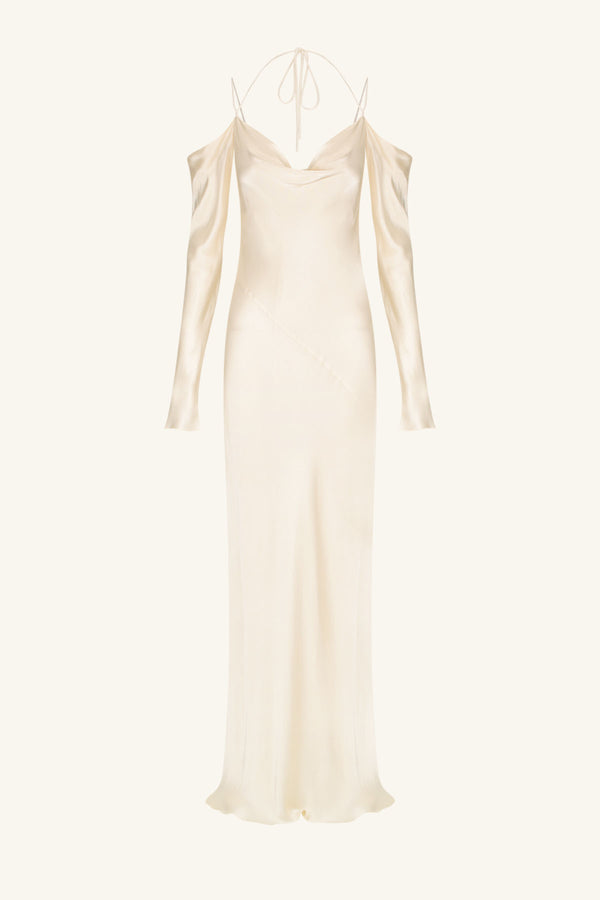 la lune bow tie maxi dresses cream La Lune Off Shoulder Tie Maxi Dress