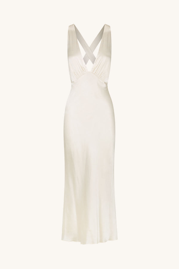 LA LUNE PLUNGED CROSS BACK MIDI DRESS - CREAM_G