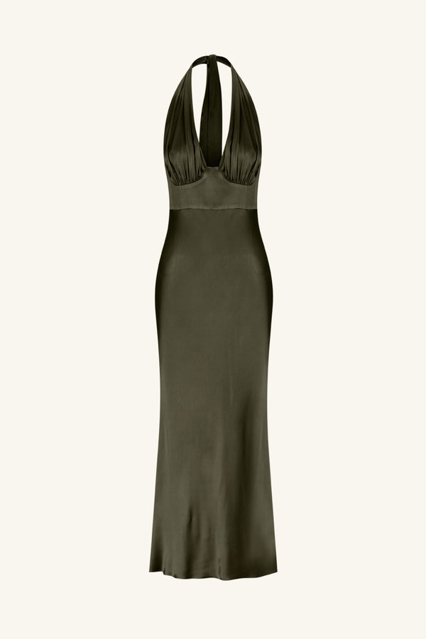 LA LUNE PLUNGED HALTER MIDI DRESS - FOREST_G