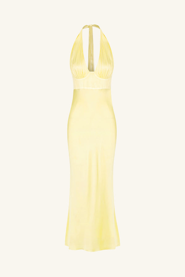 LA LUNE PLUNGED HALTER MIDI DRESS - LEMON_G