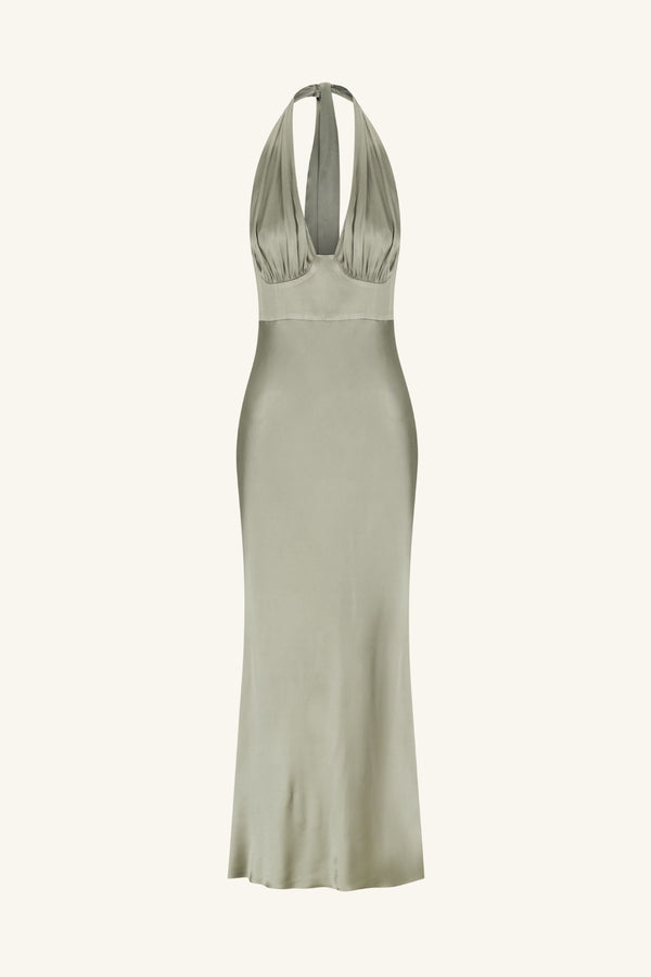 LA LUNE PLUNGED HALTER MIDI DRESS - SAGE_G