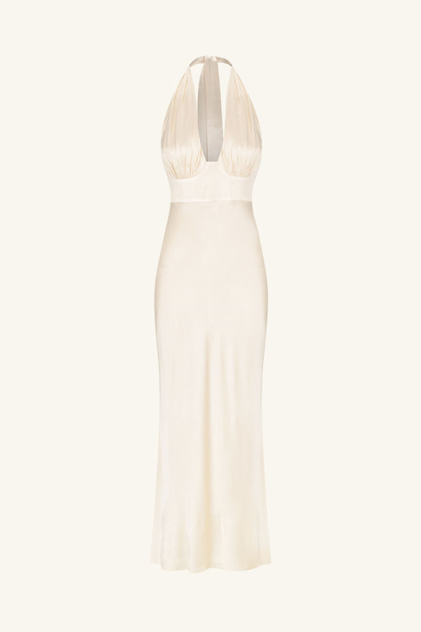 LA LUNE PLUNGED HALTER MIDI DRESS - CREAM_G