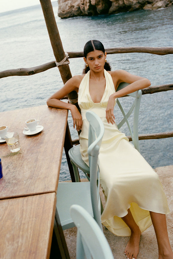 La Lune Plunged Halter Midi Dress | Lemon | Dresses | Shona Joy La Lune Plunged Halter Midi Dress | Lemon | Dresses | Shona Joy