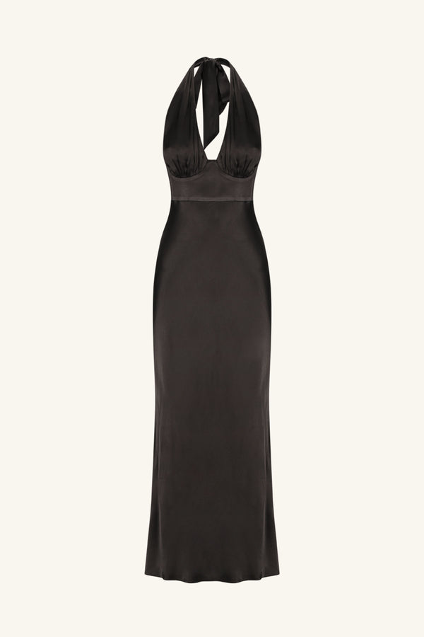LA LUNE PLUNGED HALTER MIDI DRESS - BLACK_G