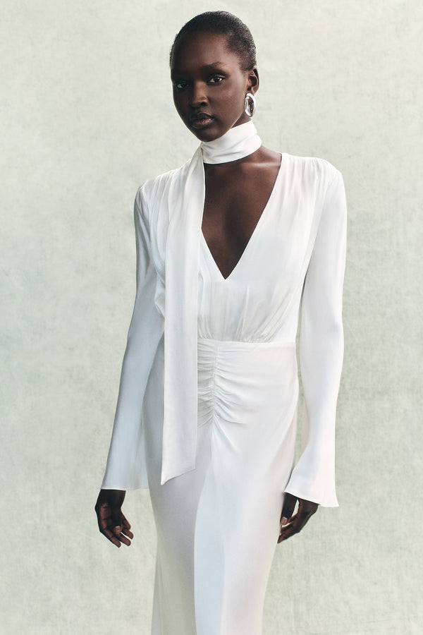 LA LUNE PLUNGED LONG SLEEVE MAXI DRESS - WHITE