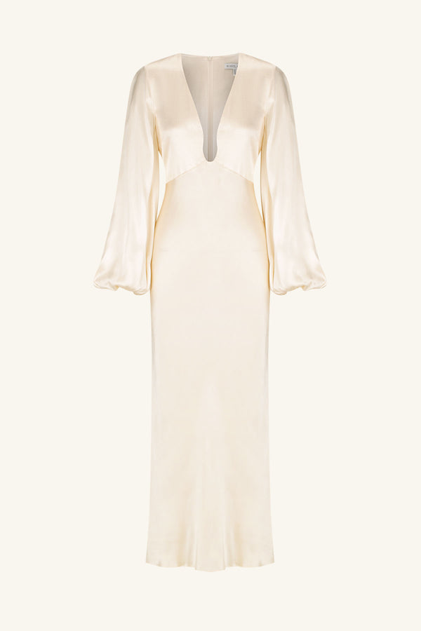 LA LUNE PLUNGED NECK BALLOON SLEEVE MIDI DRESS - CREAM_G