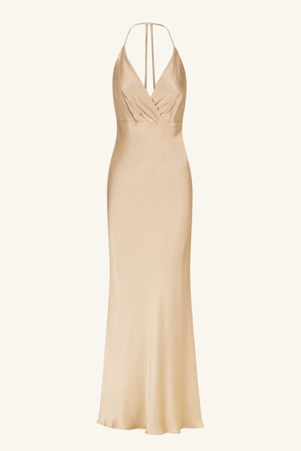 LA LUNE PLUNGED OPEN BACK HALTER MAXI DRESS - GOLD_G