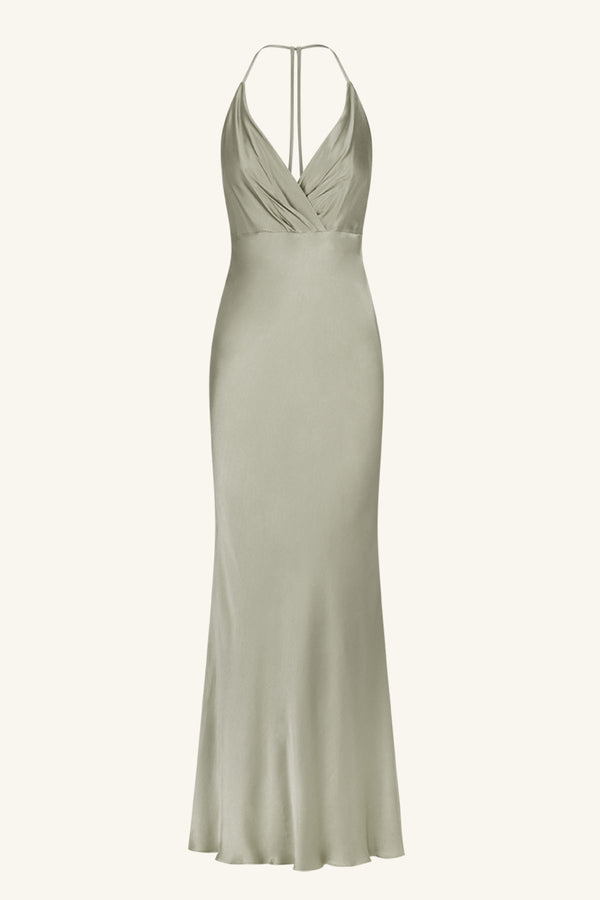 LA LUNE PLUNGED OPEN BACK HALTER MAXI DRESS - SAGE_G