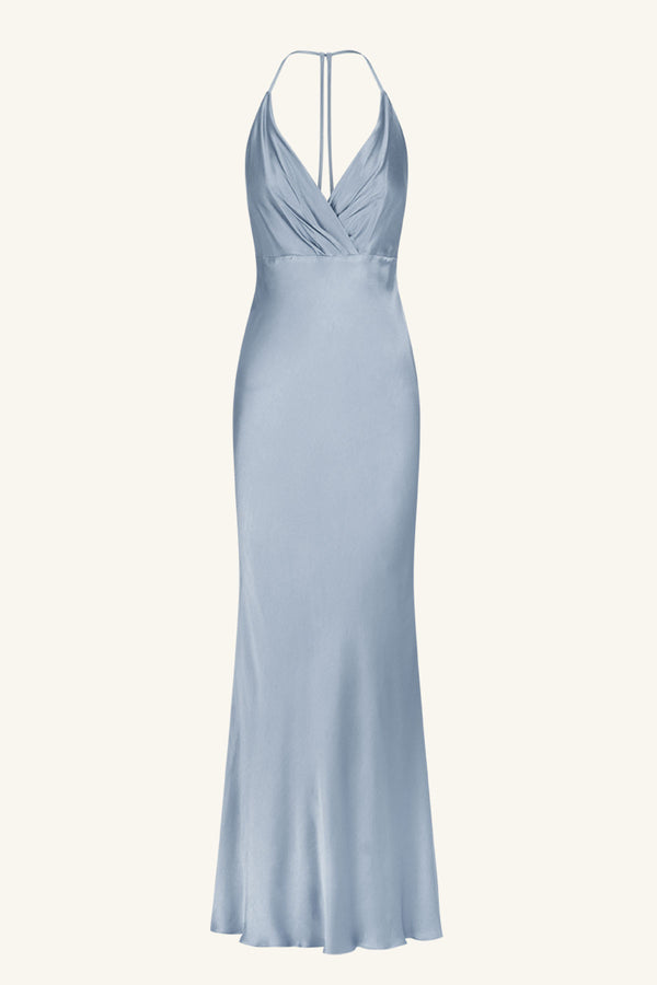 LA LUNE PLUNGED OPEN BACK HALTER MAXI DRESS - POWDER BLUE_G