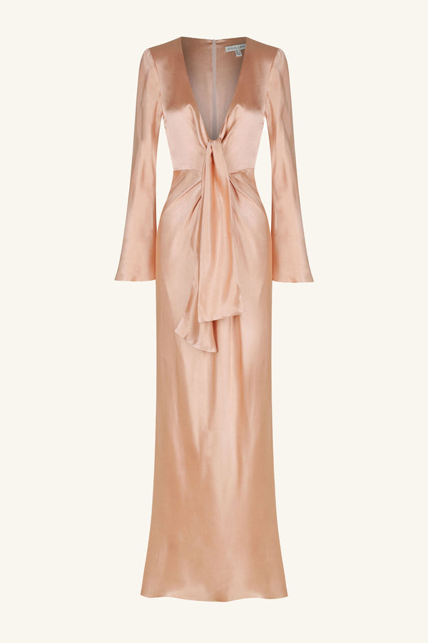 LA LUNE PLUNGED TIE FRONT MAXI DRESS - DESERT ROSE_G