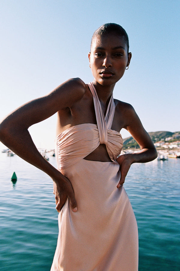 LA LUNE RUCHED HALTER MAXI DRESS - DESERT ROSE_C