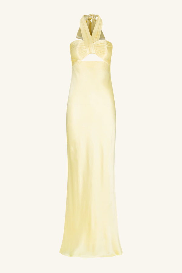 LA LUNE RUCHED HALTER MAXI DRESS - LEMON_G