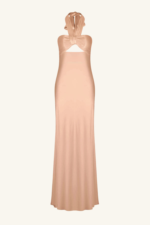 LA LUNE RUCHED HALTER MAXI DRESS - DESERT ROSE_G