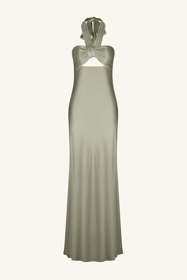 LA LUNE RUCHED HALTER MAXI DRESS - SAGE_G