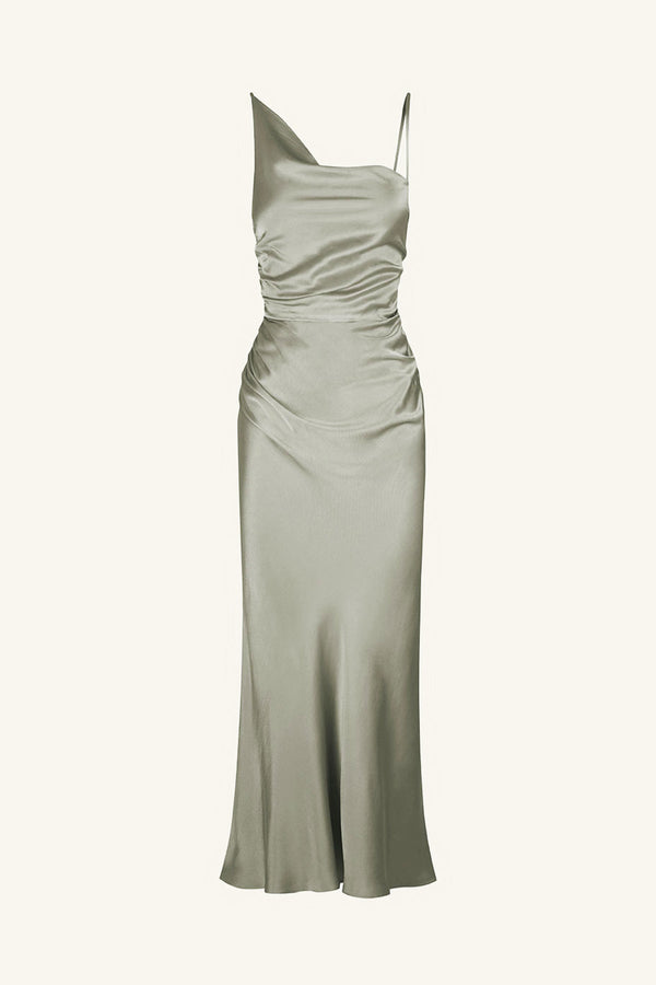 LA LUNE ASYMMETRICAL BIAS COWL MIDI DRESS - SAGE_G