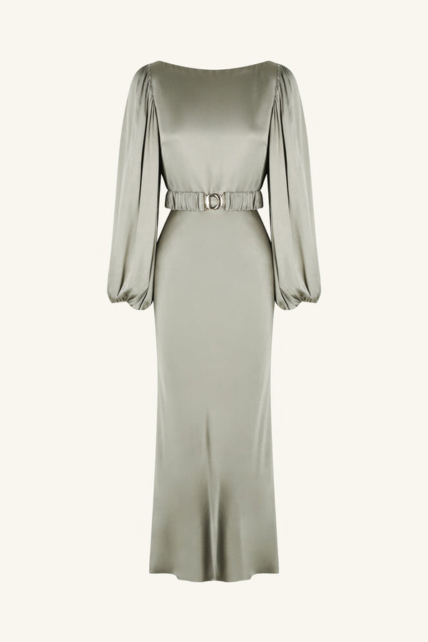 LA LUNE BALLOON SLEEVE MIDI DRESS WITH BELT - SAGE_G
