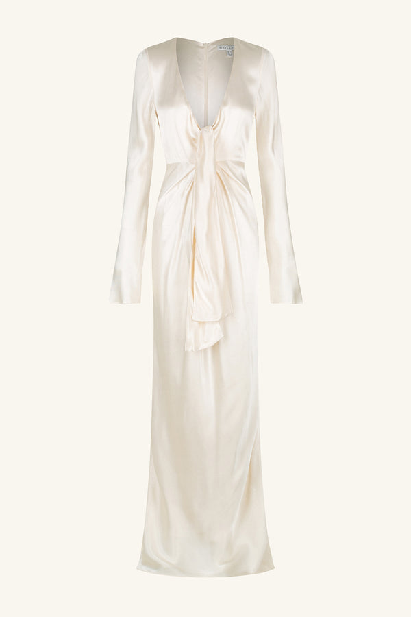 LA LUNE PLUNGED TIE FRONT MAXI DRESS - CREAM_G