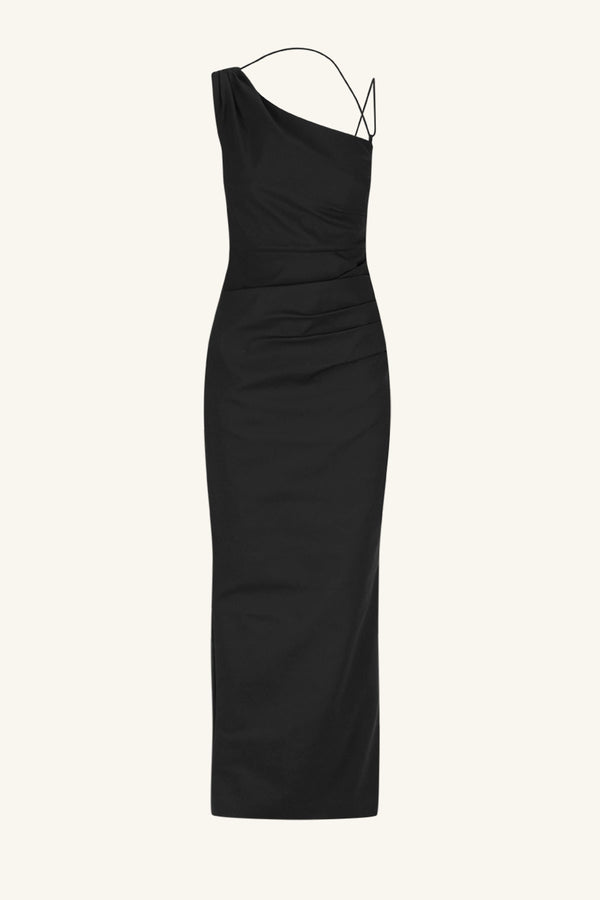 LANI ASYMMETRICAL GATHERED MAXI DRESS - BLACK_G